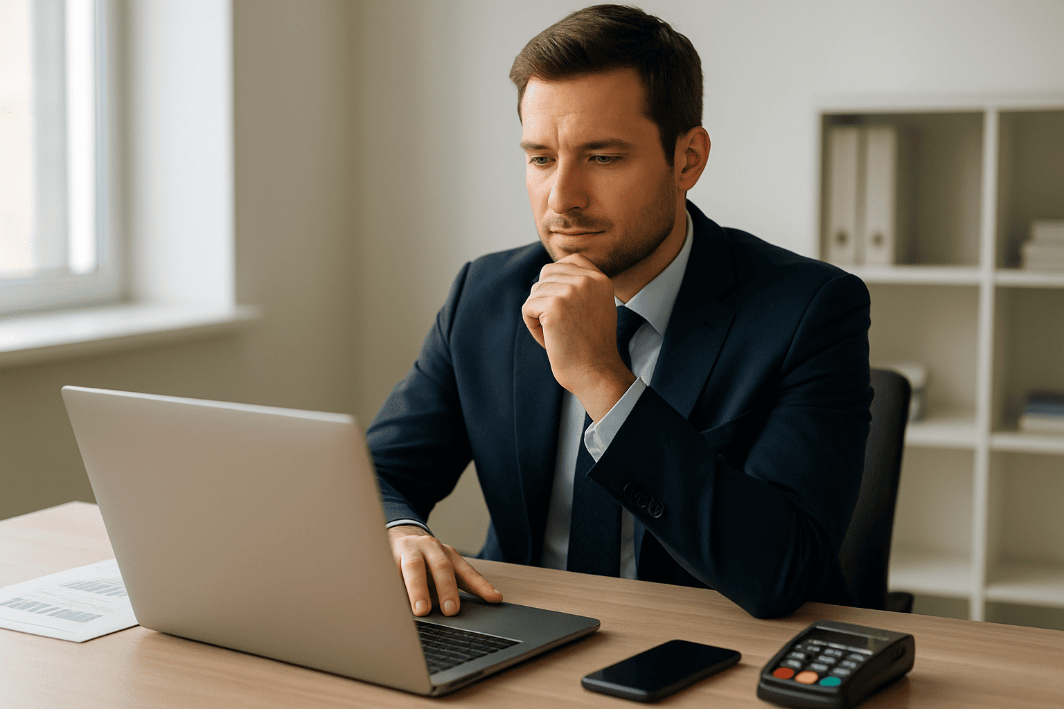Business professional focused on laptop with smartphone, calculator, and barcode document in modern office setting