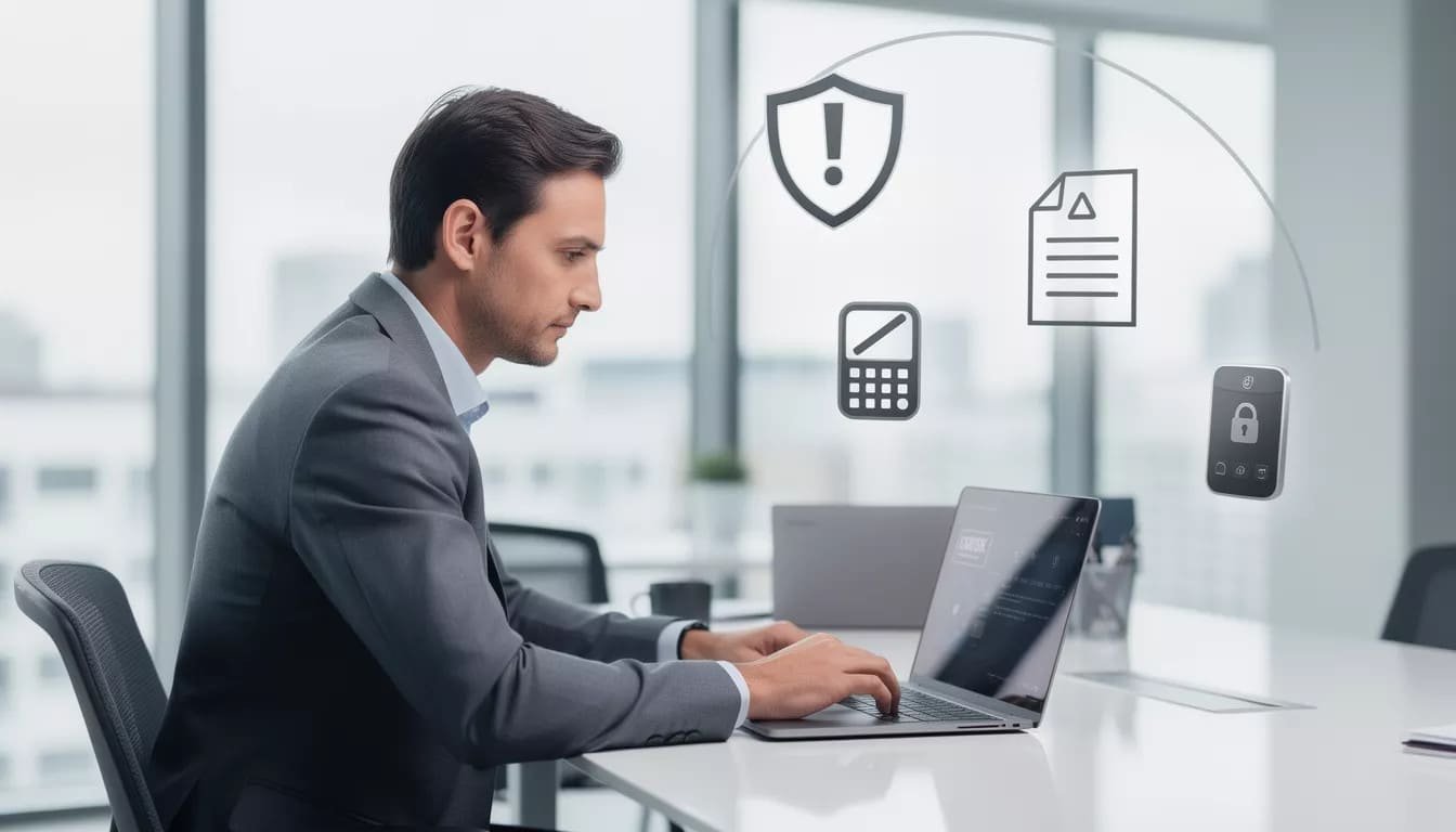 Business professional working on laptop with security icons