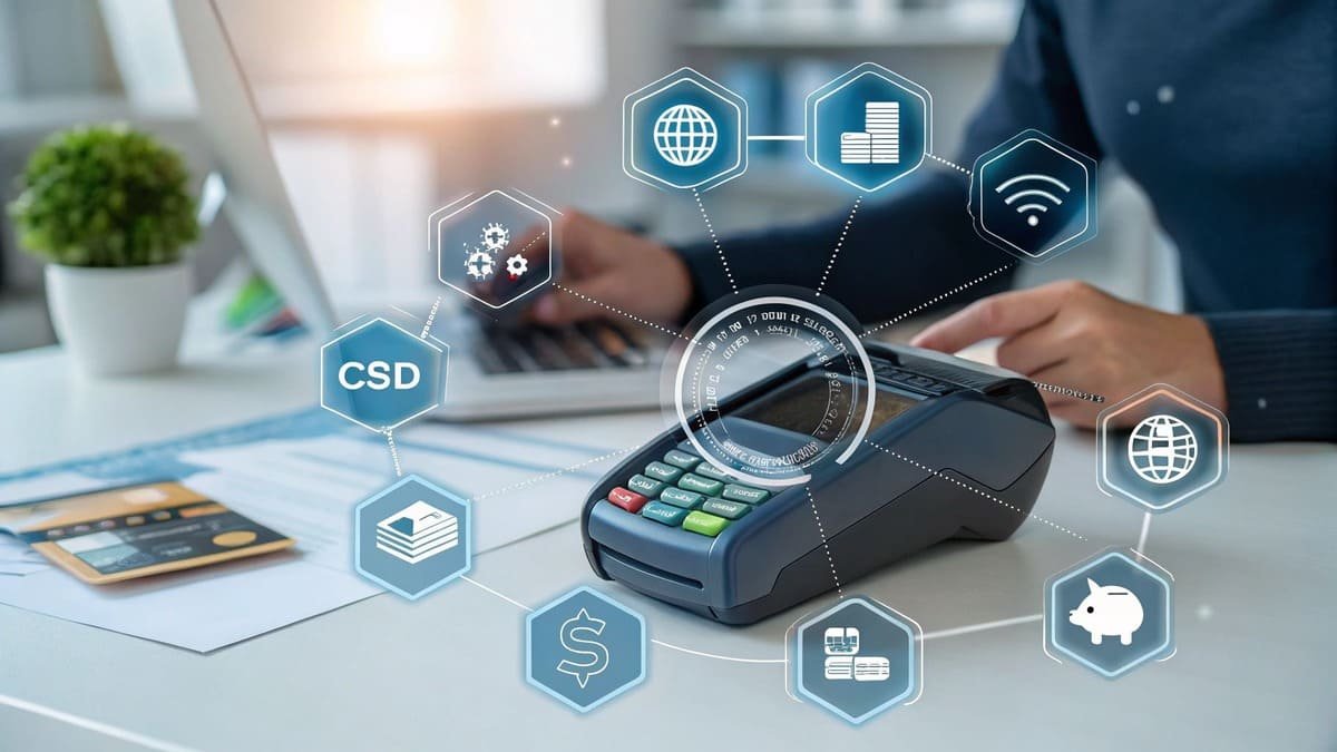 Digital payment interface with a POS terminal, laptop, and financial technology icons representing online transaction processing.